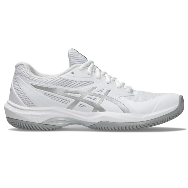 ASICS Game FF Clay tennisschoenen voor dames in wit en blauw.