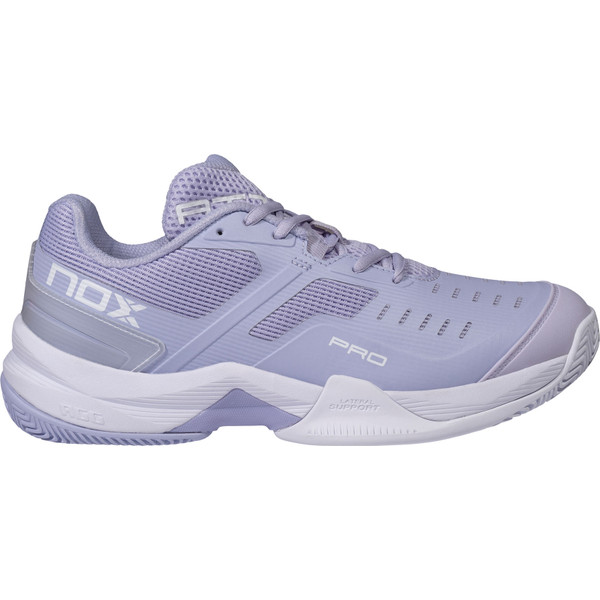 Nox AT10 Pro damesracketbalschoenen met grijze en paarse details.