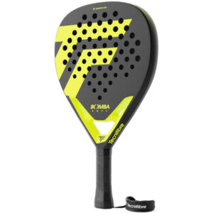 Tecnifibre Bomba Soft tennisracket met gele snaren op witte achtergrond