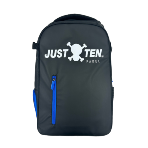 Zwarte en blauwe JUST TEN JT01 rugzak met meerdere vakken en ergonomisch design.