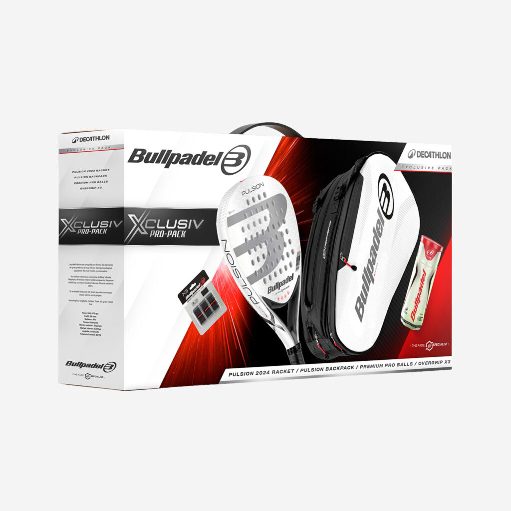 Kerstpakket Pulsion met padelracket, rugzak, ballen en overgrips.